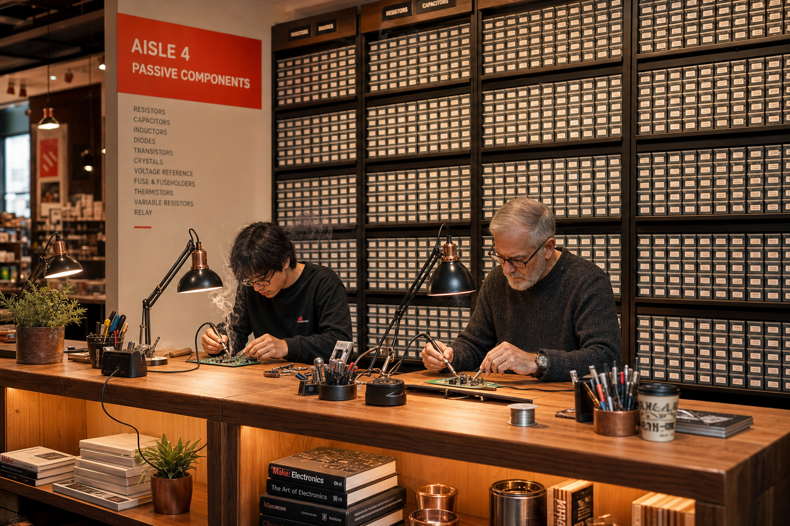 In-store workbench and component drawer wall with red aisle signage