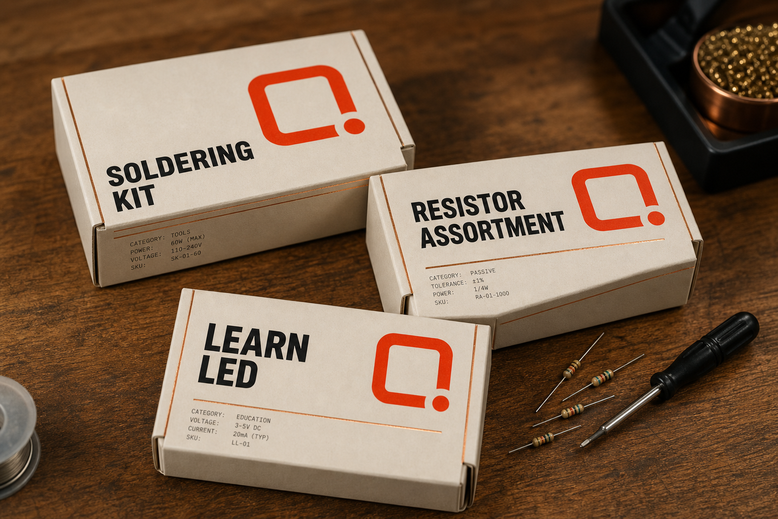 Cream packaging boxes for Soldering Kit, Resistor Assortment and Learn LED
