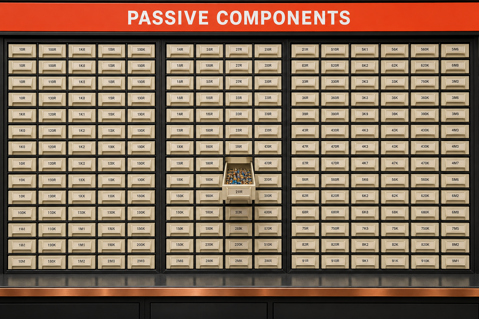 The restocked 500-drawer parts wall