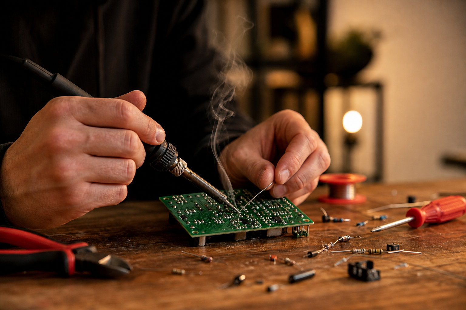Hands soldering a circuit board at Fix Night