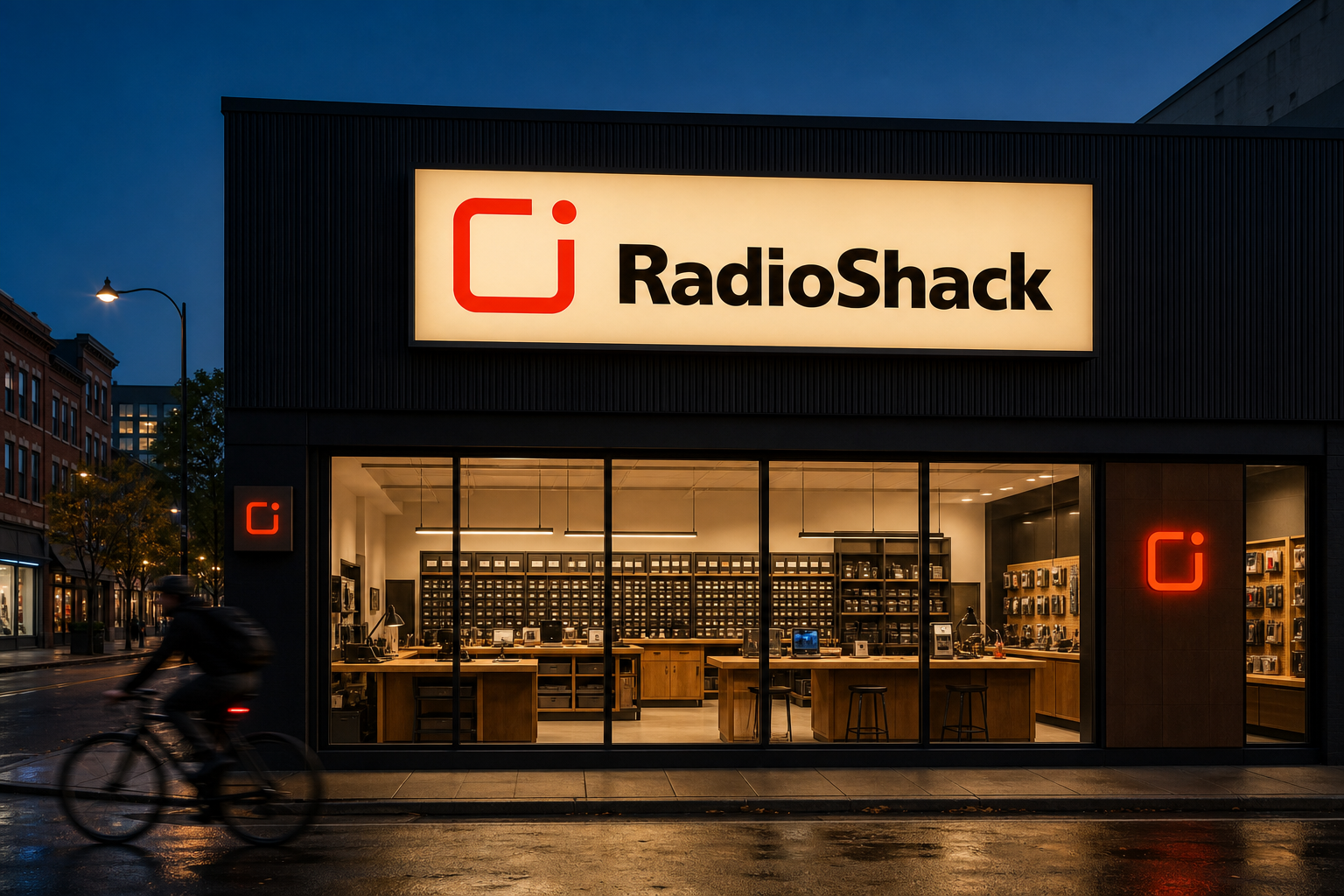 RadioShack storefront at dusk with backlit cream sign and Open Loop mark